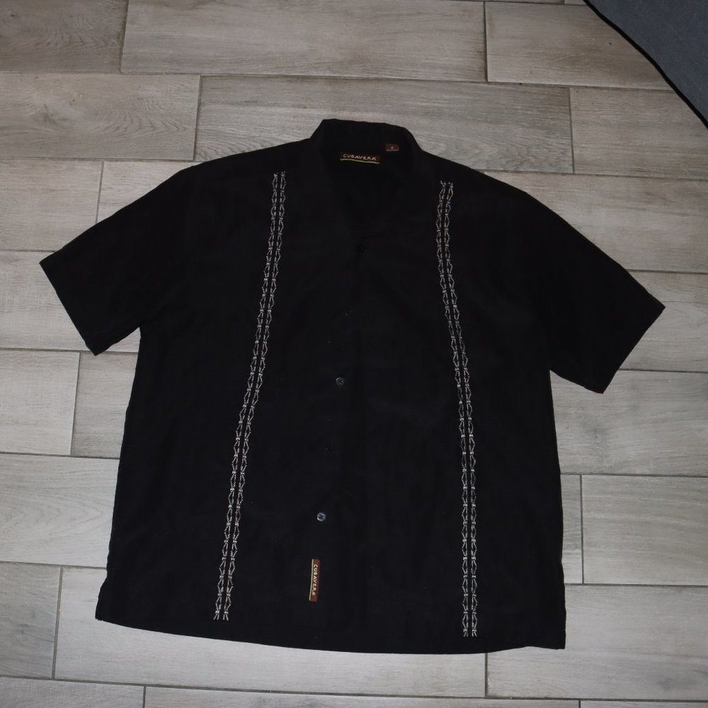 Cubavera Guayabera Black Button Down Shirt Size Large Hawaiian Shirt